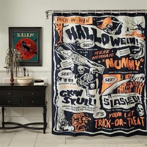 Trick or Treat Cute Cool Gothic Creepy Skull Skeleton Spirit Halloween Shower Curtain Set with Hooks