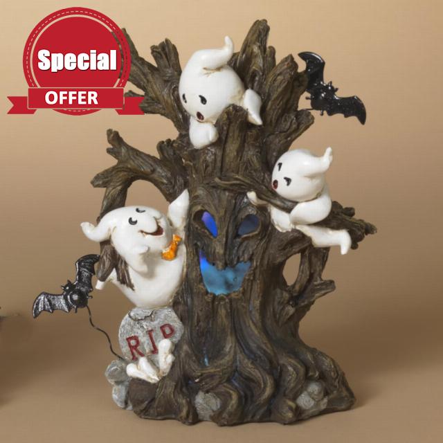 One Holiday Way 8-Inch LED Light Up Color Changing Spooky Tree Halloween Haunted House Figurine w/Ghosts