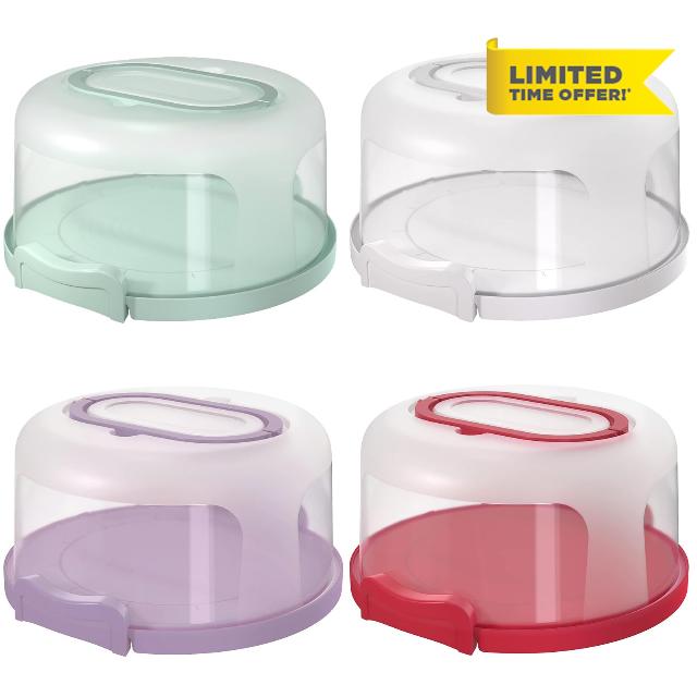 Bokon 4 Pieces Plastic Cake Carrier Large Round Cake Holder Portable Cake Container Serve as Five Section Serving Tray Large Cheesecake Stand with Lid & Handle Fits 10 Inch Cake Pies Dessert