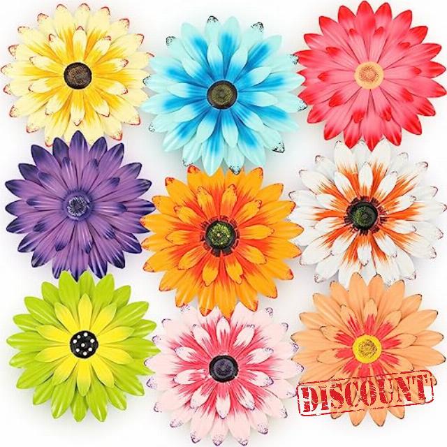 Zhehao 9 Pcs 8 Inch Metal Flower Wall Art Hanging 3D Daisy Decor Metal Flowers Outdoor Decor Multicolored Layered Floral Sunflower Wall Decorations for Indoor Home Room Office Garden Porch Patio