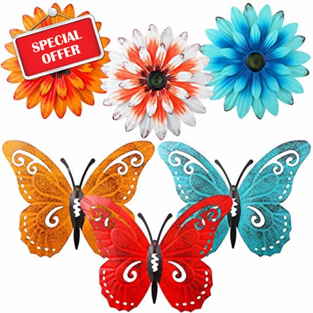 Therwen 6 Pcs Metal Flower Wall Decor 3D Flower Butterfly Wall Art Decor Outdoor Metal Wall Art for Home Office Kitchen Bathroom Bedroom Living Room Yard Patio Garden Fence Deck Porch Boho Decorations