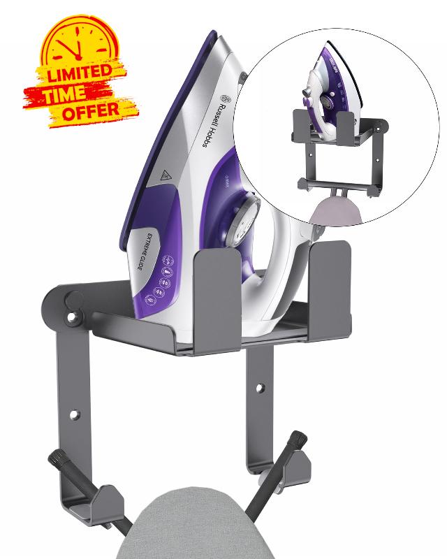MUSVOH Ironing Board Holder Wall Mount Iron Hanger with Storage Basket Ironing Board Organizer with Shelf Metal and Removable Hooks for Household Bathroom Cabinet