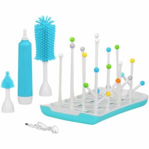 HOMEIFY Electric Bottle Brush Cleaner with Bottle Drying Rack - USB Rechargeable Advanced Travel Bottle Cleaner Kit with Non-Scratch Interchangeable Silicone Brush Heads for Pacifiers