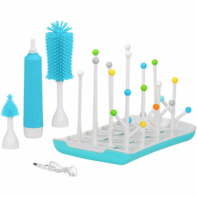 HOMEIFY Electric Bottle Brush Cleaner with Bottle Drying Rack - USB Rechargeable Advanced Travel Bottle Cleaner Kit with Non-Scratch Interchangeable Silicone Brush Heads for Pacifiers