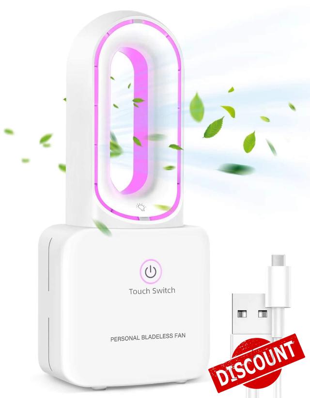 Desk Fan Small Bladeless Personal Fan Quiet Mini Table Fan 12'' Touch Control 4000mAh Rechargeable Portable Fan with 6-Colors LED Ambient Light for Office Home Bedroom Nightstand White