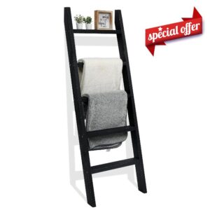 FUIN 5 Ft (58") Wood Decorative Wall Leaning Blanket Ladders Bathroom Storage Quilt Towel Display Rack Shelf Holder Rustic Farmhouse