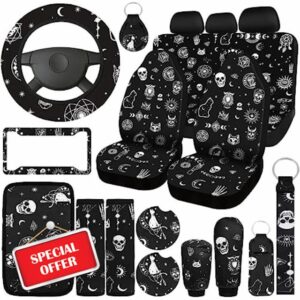 Estune 19 Pcs Skull Cat Moon Car Seat Covers Full Set Include Front Rear Seat Cover Headrest Cover Steering Wheel Cover Armrest Cover Seat Belt Cover Cup Holder Key Chains Wrist Strap Fit for SUV