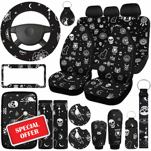Estune 19 Pcs Skull Cat Moon Car Seat Covers Full Set Include Front Rear Seat Cover Headrest Cover Steering Wheel Cover Armrest Cover Seat Belt Cover Cup Holder Key Chains Wrist Strap Fit for SUV
