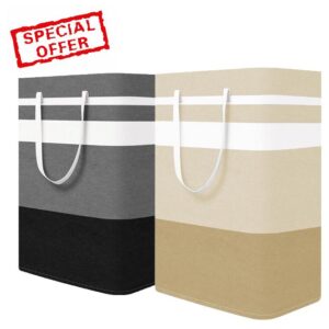 Kewjug 2-Pack Large Laundry Hamper Laundry Basket，Freestanding Waterproof Collapsible Laundry Baskets for Clothes Organizer in Laundry Room Bedroom Bathroom 80L (Black&Beige)