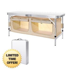 Moosinily 4 Feet Folding Table Aluminum Portable Camping Table Adjustable Picnic Table with Oxford Storage Organizers for Outdoor Travel Beach Backyards BBQ Party Picnic White