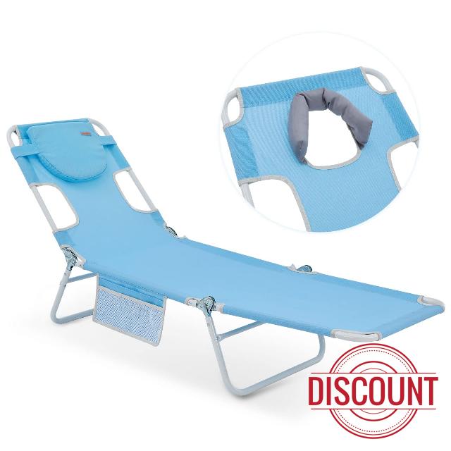 #WEJOY Beach Chaise Lounge Outdoor Lounge Chair with Face Hole Tanning Chair Lightweight Folding Chaise Lounge Indoor Reclining Beach Chair + Removable Pillow for Sunbathing
