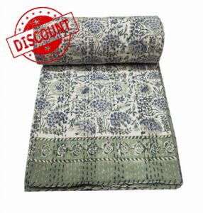 V Vedant Designs Indian Kantha Quilt Handmade Throw Reversible Blanket Bedspread Block Print Fabric Bohemain Quilt Twin/Queen Chic Bedding coverlets (Block 01