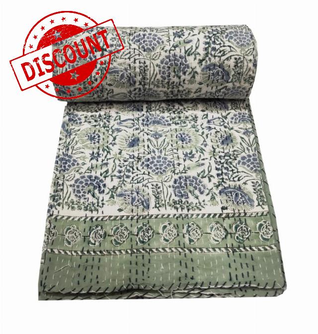 V Vedant Designs Indian Kantha Quilt Handmade Throw Reversible Blanket Bedspread Block Print Fabric Bohemain Quilt Twin/Queen Chic Bedding coverlets (Block 01