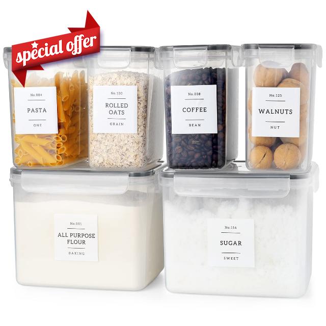 XOTAISM 6 Pcs Airtight Flour and Sugar Containers with 132 Kitchen Pantry Labels Preprinted - Stackable Plastic Cereal Storage Canisters with Lids