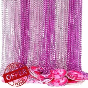 Nosiny 96 Pcs 32 Inch Breast Cancer Awareness Beads Necklaces Pink Beaded Necklace Pink Ribbon Pendant Round Metallic Party Necklaces for Women Baby Shower Gender Reveal Costume Bachelorette Decor