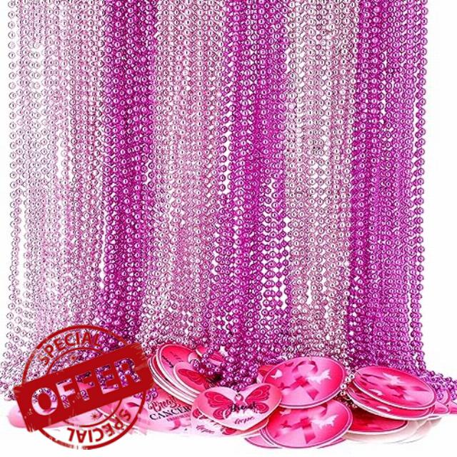 Nosiny 96 Pcs 32 Inch Breast Cancer Awareness Beads Necklaces Pink Beaded Necklace Pink Ribbon Pendant Round Metallic Party Necklaces for Women Baby Shower Gender Reveal Costume Bachelorette Decor