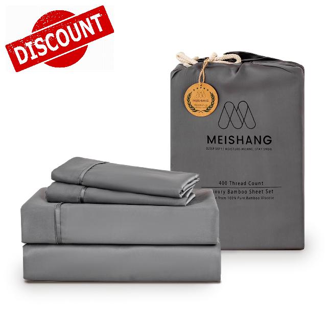 MEISHANG Bamboo Sheet Set Queen Size - 100% Pure Organic Viscose - 400TC Bamboo Cooling Bed Sheets Set - Fit 16 Inch Deep Pocket - 4 Piece Set Silky Soft Luxury - Queen