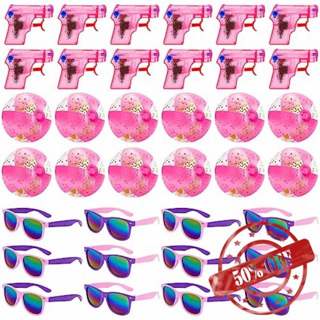 Whaline 12 Packs Beach Pool Party Favors Inflatable Pink Glitter Beach Balls Neon Sunglasses Water Toys for Tropical Smmer Pool Party Decorations Water Sand Game Toys Accessory