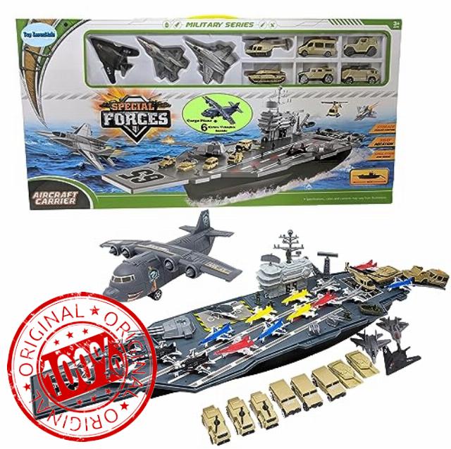 Toy Aircraft Carrier Army Men with Cargo Plane 18 Warplane Fighter Jets and 6 Extra Military Vehicles