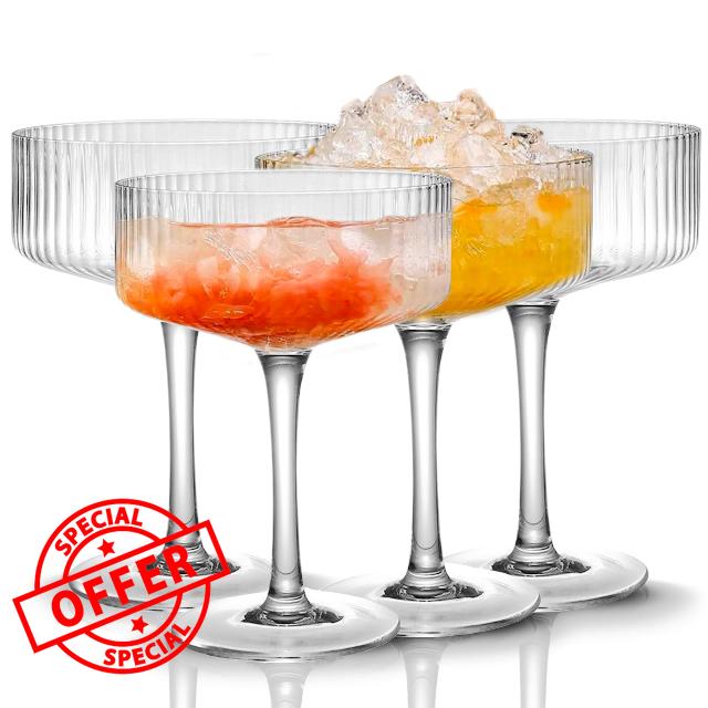 Qipecedm 4 Pcs Ribbed Coupe Glasses
