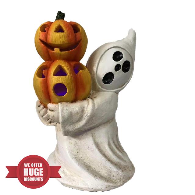 Halloween Ghost Pumpkin Figurines Rustic Light Up Resin Ghost Halloween Statue Pumpkin Figurines Novelty 2023 Halloween Decorations Pumpkin Ghost Halloween Table Centerpieces Ideal Gifts (01)