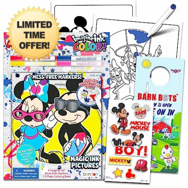 Disney Imagine Ink Mickey Mouse Mess Free Markers and Coloring Book - Mickey and Friends Coloring Pages Bundle for Kids Ages 4-8 with Stickers and Door Hanger