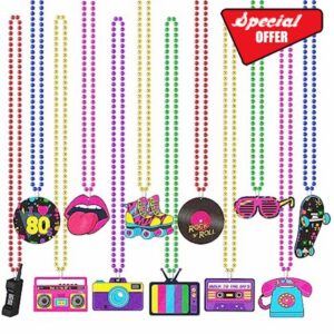 Tigeen 48 Pcs 80s Beaded Necklaces Metallic Neon Beads 80s Retro Neon Party Necklaces Bulk Colorful 80s Necklace for Women Men Kids 1980s Theme Party Favors Supplies Decorations