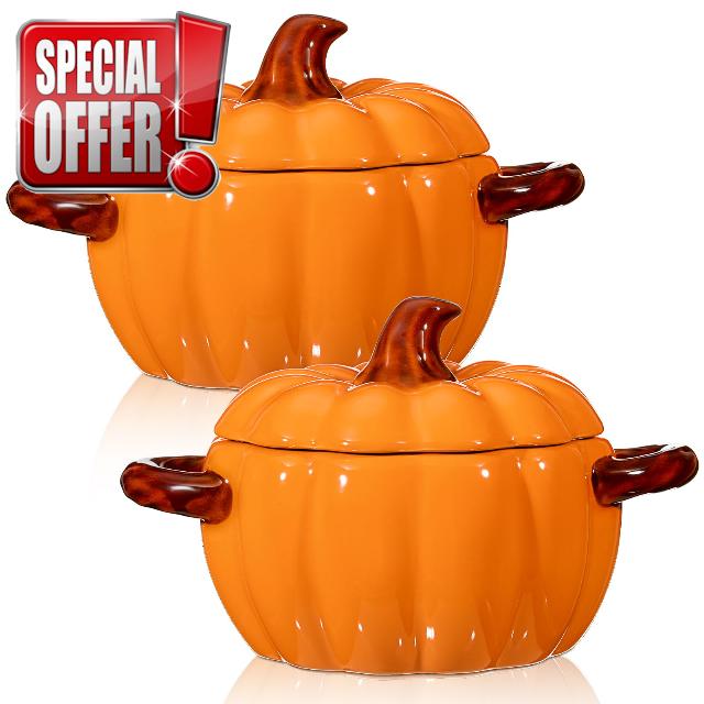 Uiifan 2 Pcs Ceramic Pumpkin Dish Casserole Cookware 17 oz Pumpkin Pots for Cooking Orange Cute Pumpkin Bowl Safe Pumpkin Oven Pot with Lid Double Ear Baking Bowl for Bakeware Halloween Thanksgiving