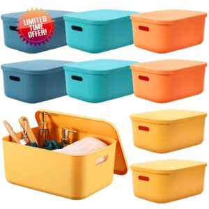 Jinei 8 Pcs Storage Organizer Colorful Plastic Storage Bin with Handle Lid Storage Basket Container for Toy Book Stackable Desktop Storage Box Bathroom Bedroom Kitchen Cabinet Organization