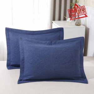 ANGIYUIN 100% Cotton Navy Blue Quilted Pillow Shams King Size Set of 2