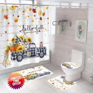Pulch Ritudinous Hello Fall Shower Curtains 4 Pcs Maple Leaves Sets with Non-Slip Rugs