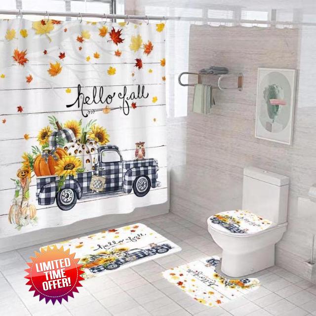 Pulch Ritudinous Hello Fall Shower Curtains 4 Pcs Maple Leaves Sets with Non-Slip Rugs