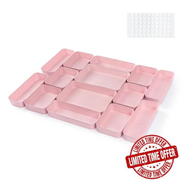 Joyask 14 PCS Pink Wheat Straw Desk Drawer Organizers Set