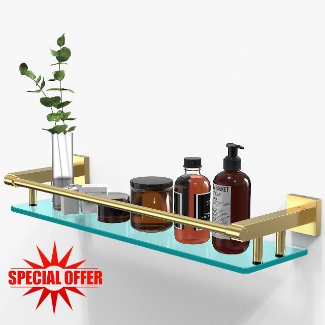 SFGSOWOR Glass Shelf Bathroom Shelves for Wall Floating Shower Shelf 21 in Rectangular Holder Brackets Stainless Steel Tempered Glass Modern Toilet Storage Stand Mount Accessories (Brushed Gold)