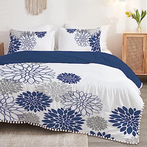 Blue Dahlia Floral Duvet Cover Set Soft Washed Microfiber 1 Bed Cover (90"x90") with 2 Pillow Shams(20"x 26") 3 Pieces Comforter Cover