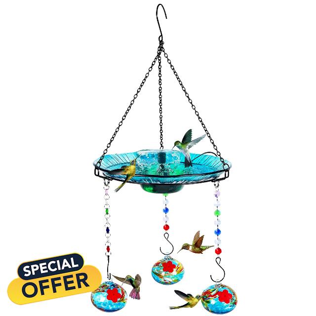 Headak Life Hummingbird Feeder and Bird Bath for Outdoors 2-in-1 for Small Birds - Hummingbird Bath Fountain with 3 Red Feeder Pots - Hanging Solar Bird Bath Fountains