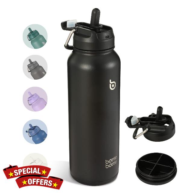 BOTTLE BOTTLE 40oz Insulated Water Bottle with Straw Sport Stainless Steel Water Bottle with Handle Lid Outdoor Sports Bottle for Pills (black)