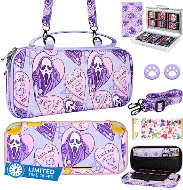 Xinocy for Nintendo Switch Lite 7 in 1 Storage Accessories Kit with Travel Carrying Case+Switch Lite Protective Cover+Game Case Holder+Strap+Sticker+2 Thumb Caps Cute Shell for Kids Girls-Skeleton