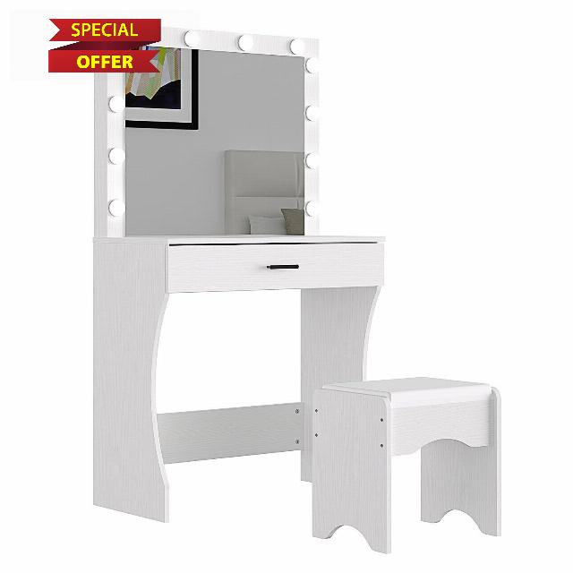 Vanity Table Set with Lighted Mirror (White)