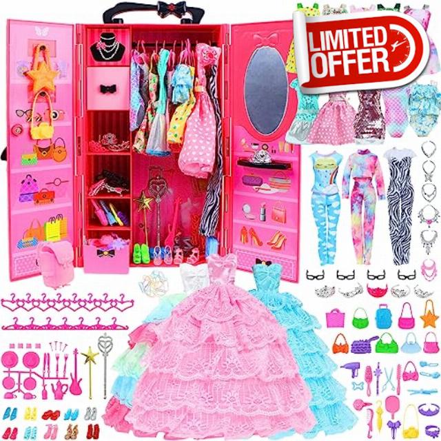 BJDBUS 106 Pcs Doll Wardrobe with Clothes and Accessories Set for 11.5 Inch Girl Doll