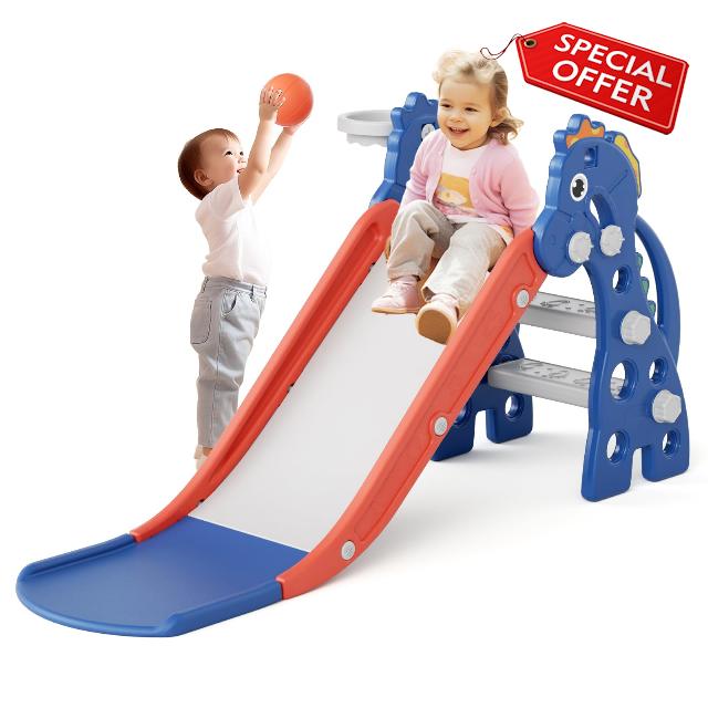 67i Kids Slide for Toddler with Climber Toddler Playground Tower Slide 6 in 1 Slide for Kids with Storage Space and Non-Slip Steps Toddler Indoor Slide with Basketball Hoop Telescope (Blue)