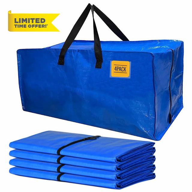 4 Pack Heavy Duty Extra Large Moving Bags with Handles & Zippers for Space Saving