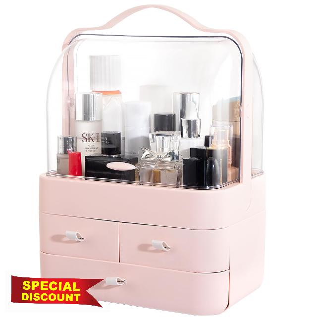 Nervure Makeup Organizer Box - Cosmetics Storage Organizer with Dust Free Cover Portable Handle - Cosmetic Display Cases with Fully Open Waterproof Lid for Bathroom