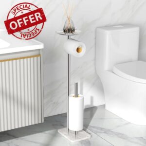 VOTZAAQ Toilet Paper Holder Free Standing with Marble Base - Stainless Steel Toilet Paper Holder Stand with Top Tray for Candles