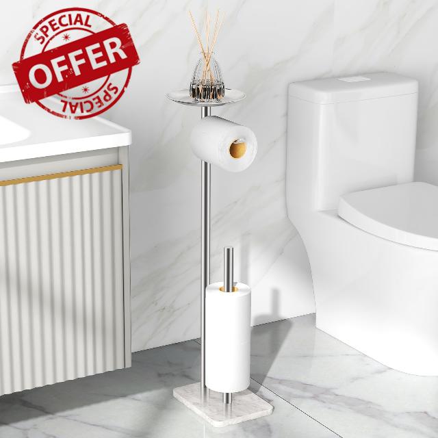 VOTZAAQ Toilet Paper Holder Free Standing with Marble Base - Stainless Steel Toilet Paper Holder Stand with Top Tray for Candles