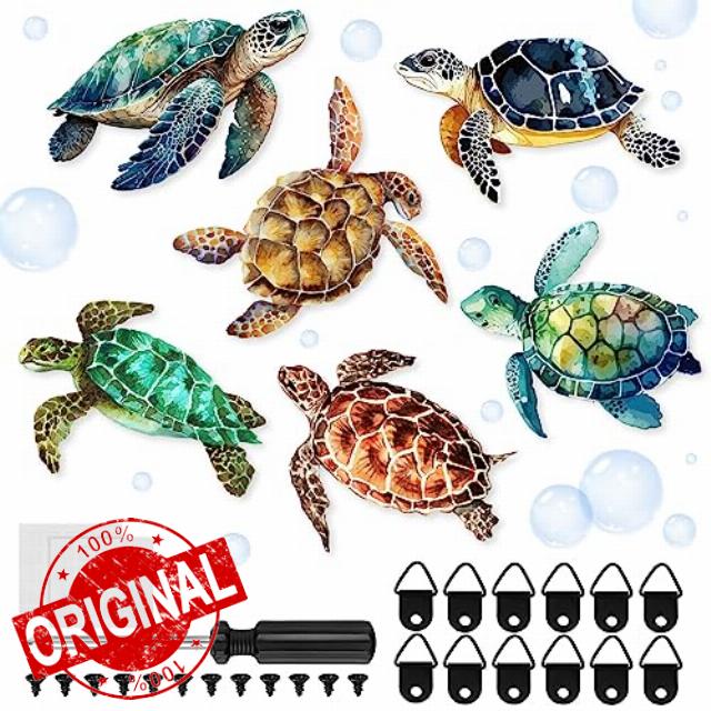 Wesiti 6 Pcs 11.8 Inch Outdoor Turtle Art Wall Decor Hanging Turtle Wall Decor Beach Colorful Ocean Sea Wooden Turtle Art for Indoor Outdoor Home Garden Bathroom Pool Porch Fence Decorations
