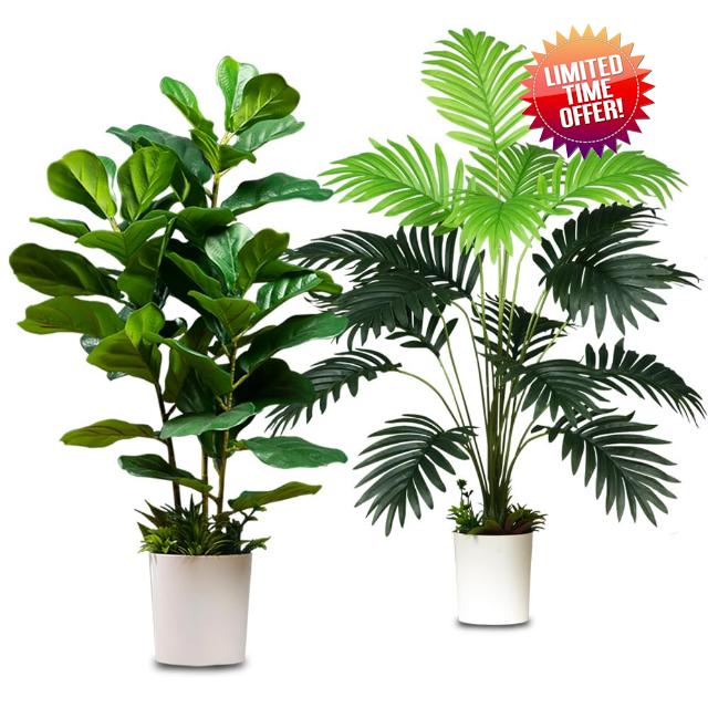 70cm/27.56“ 2pcs Artificial Plants Fiddle Leaves Faux Tropical Palm Tree Fake Ficus Lyrata Tree with Grass in Pot Real Touch Plastic Palm Leaves Home Indoor Outdoor Office Decor (Ficus and Palm)