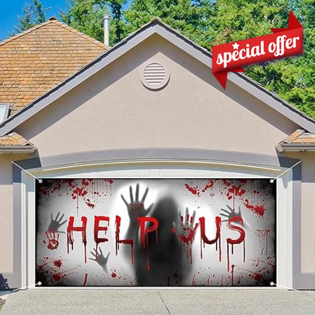 Whaline Halloween Garage Door Banner Cover Large Horror Handprints Ghost Garage Door Cover 6 x 13 Ft Bloody Backdrop Halloween Party Background Sign for Indoor Outdoor Wall Door House Decor