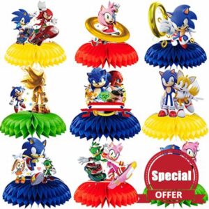 9Pcs Sonic Theme Honeycomb Centerpiece Hedgehog Birthday Decorations for Boys and Kids Party Supplies
