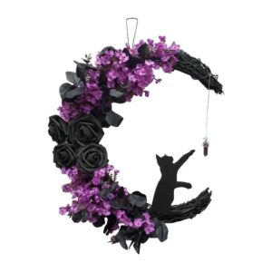 Halloween Wreath for Front Door Halloween Moon Decorations Orange Purple Floral Cat Door Sign Hanging Ornament Wall Window Party Decor Pumpkin Wreath Garland Halloween Decorations Outdoor Indoor